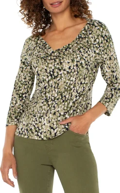 Tees-Liverpool Los Angeles 3/4 SLEEVE DRAPED NECK KNIT TOP Olivecamodot