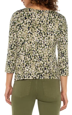 Tees-Liverpool Los Angeles 3/4 SLEEVE DRAPED NECK KNIT TOP Olivecamodot