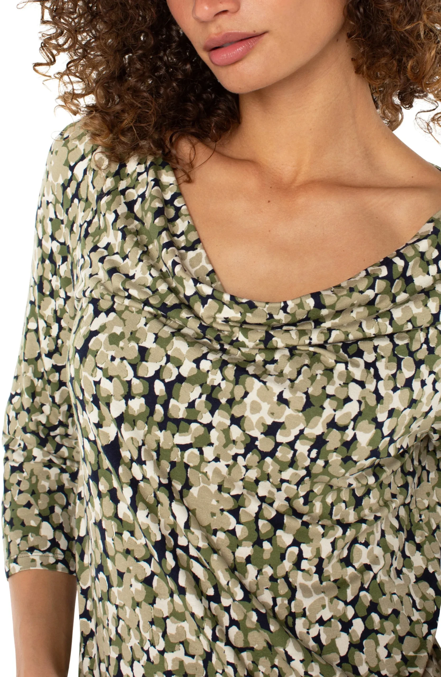 Tees-Liverpool Los Angeles 3/4 SLEEVE DRAPED NECK KNIT TOP Olivecamodot