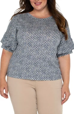 Tops-Liverpool Los Angeles 1/2 SLEEVE DROP SHOULDER WITH RUFFLE Navytextureddots