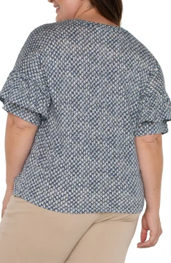 Tops-Liverpool Los Angeles 1/2 SLEEVE DROP SHOULDER WITH RUFFLE Navytextureddots