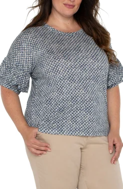 Tops-Liverpool Los Angeles 1/2 SLEEVE DROP SHOULDER WITH RUFFLE Navytextureddots