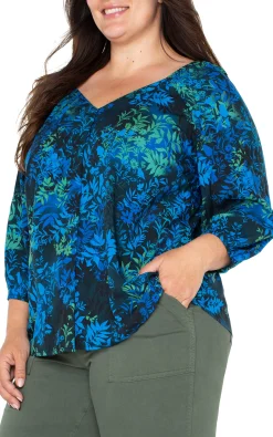 Tops-Liverpool Los Angeles 3/4 SLEEVE SWEETHEART NECK WOVEN BLOUSE Bluetopazmulti