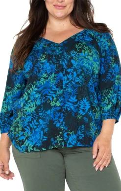 Tops-Liverpool Los Angeles 3/4 SLEEVE SWEETHEART NECK WOVEN BLOUSE Bluetopazmulti