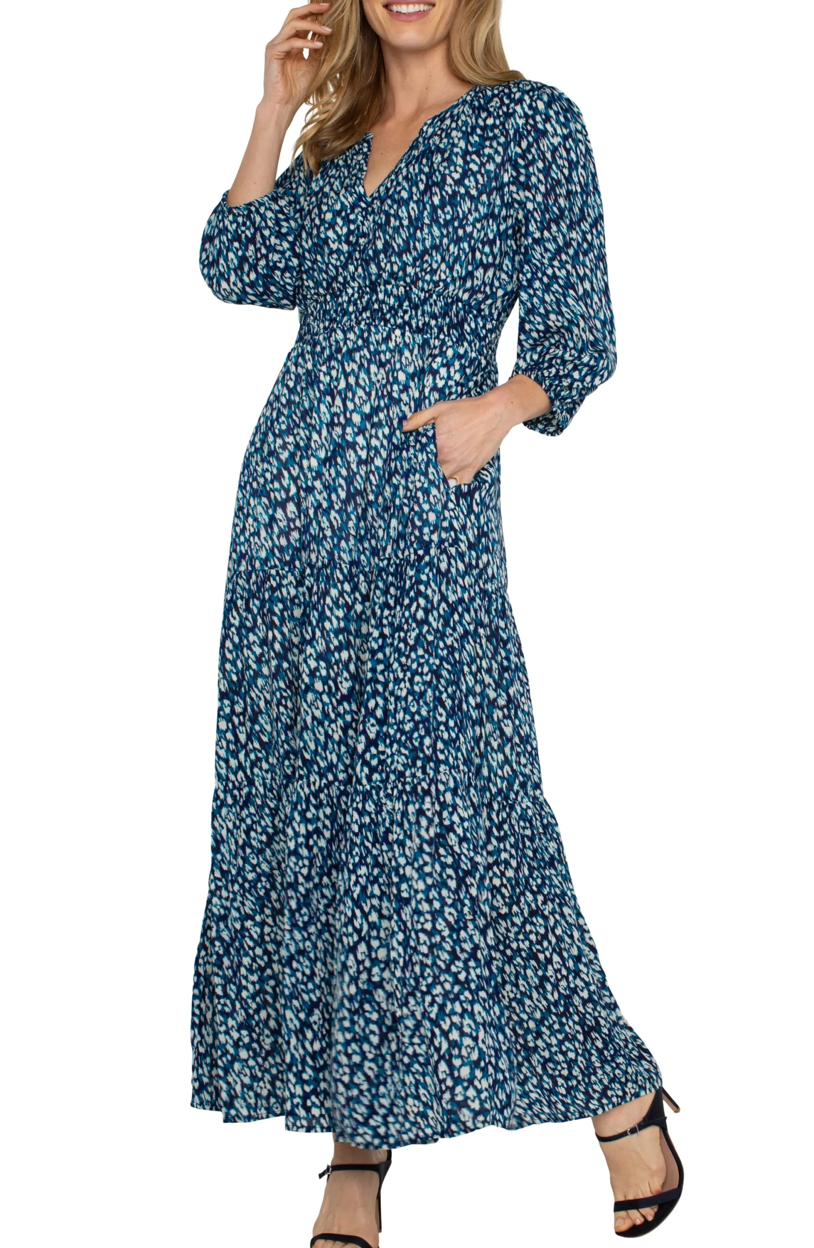 Dresses-Liverpool Los Angeles 3/4 SLEEVE TIERED MAXI DRESS Bluetopazanimal
