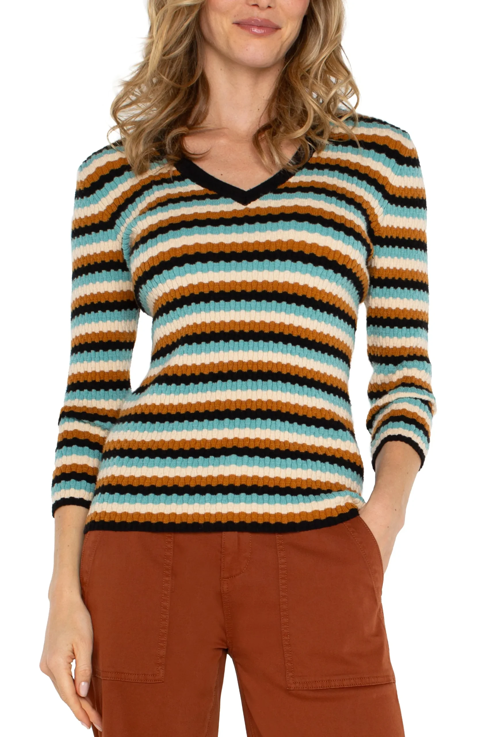 Sweaters-Liverpool Los Angeles 3/4 SLEEVE V-NECK SWEATER Oceanmultistripe