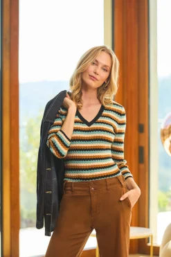 Sweaters-Liverpool Los Angeles 3/4 SLEEVE V-NECK SWEATER Oceanmultistripe