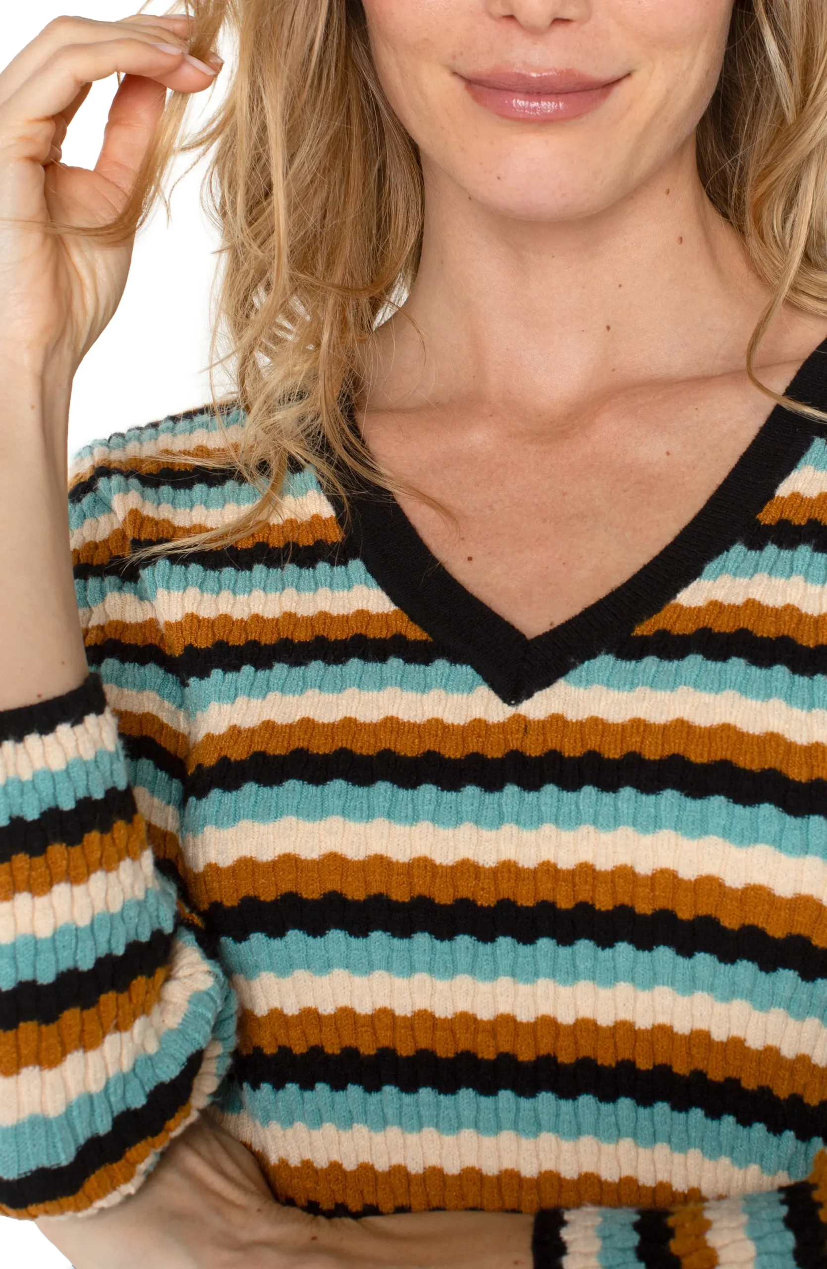 Sweaters-Liverpool Los Angeles 3/4 SLEEVE V-NECK SWEATER Oceanmultistripe