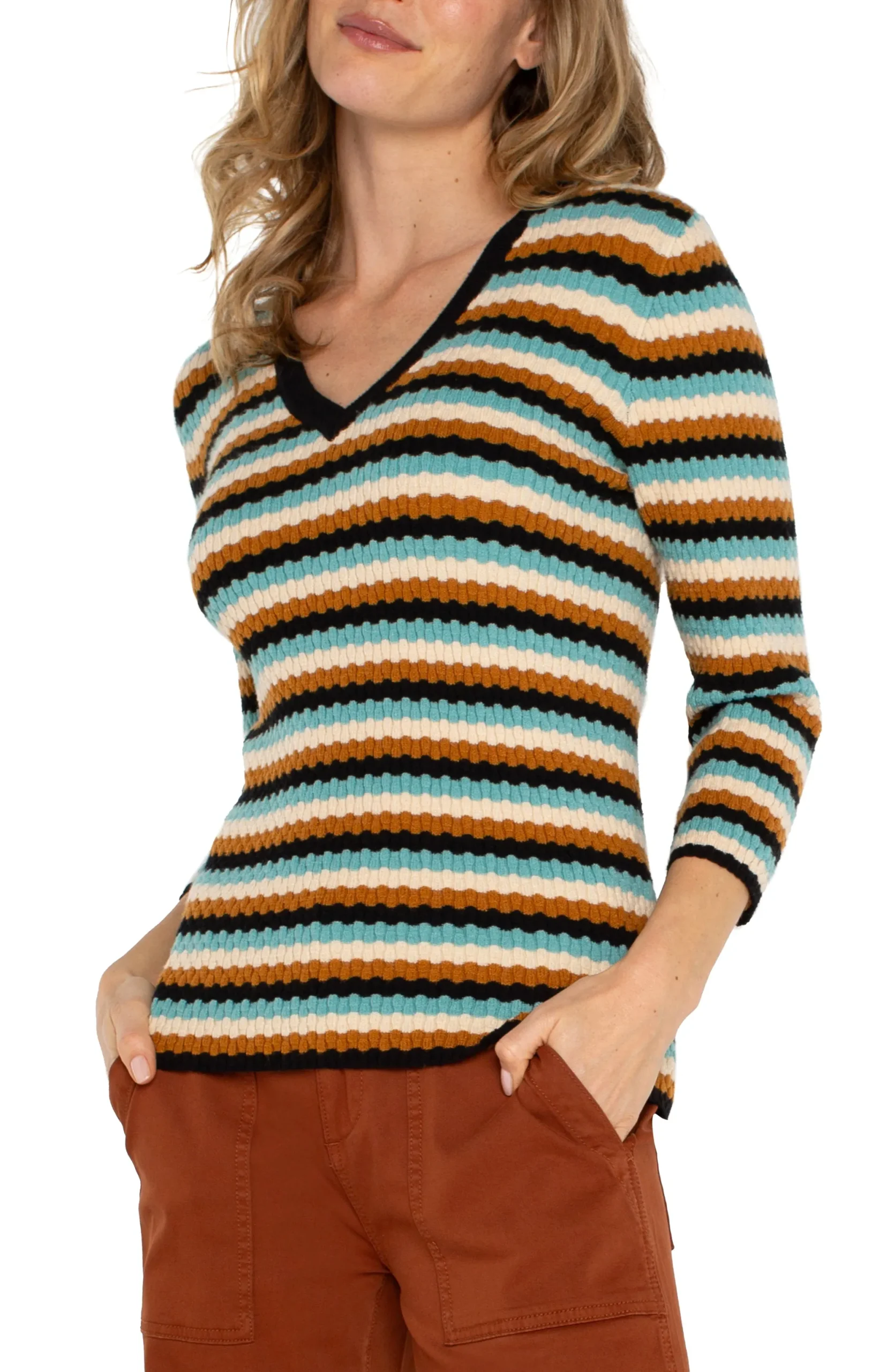 Sweaters-Liverpool Los Angeles 3/4 SLEEVE V-NECK SWEATER Oceanmultistripe