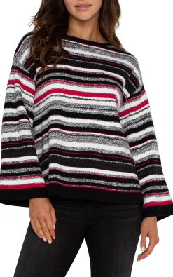 Sweaters-Liverpool Los Angeles BOAT NECK STRIPED SWEATER Blackstriperubymulti