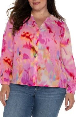 Tops-Liverpool Los Angeles BUTTON FRONT SHIRRED BLOUSE Fuchsiawatercolor