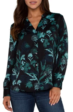 Tops-Liverpool Los Angeles BUTTON FRONT SHIRT WITH BANDED COLLAR Malachitefoliage