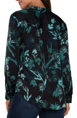 Tops-Liverpool Los Angeles BUTTON FRONT SHIRT WITH BANDED COLLAR Malachitefoliage