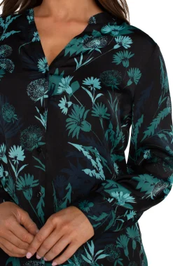 Tops-Liverpool Los Angeles BUTTON FRONT SHIRT WITH BANDED COLLAR Malachitefoliage