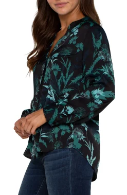 Tops-Liverpool Los Angeles BUTTON FRONT SHIRT WITH BANDED COLLAR Malachitefoliage