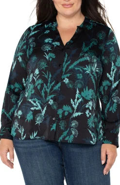 Tops-Liverpool Los Angeles BUTTON FRONT SHIRT WITH BANDED COLLAR Malachitefoliage