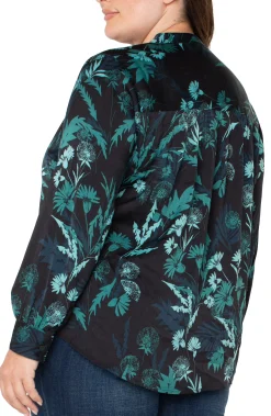 Tops-Liverpool Los Angeles BUTTON FRONT SHIRT WITH BANDED COLLAR Malachitefoliage