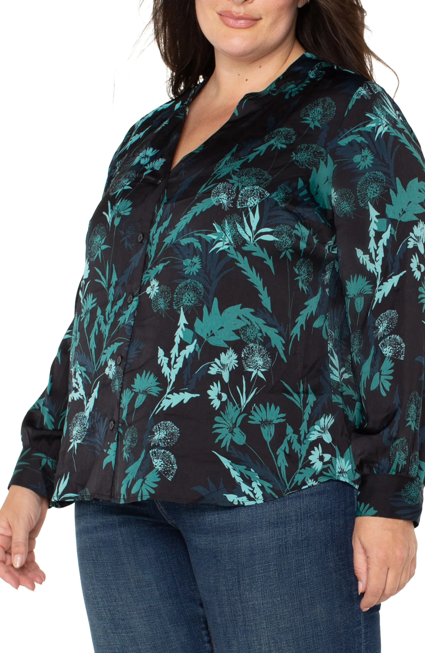 Tops-Liverpool Los Angeles BUTTON FRONT SHIRT WITH BANDED COLLAR Malachitefoliage