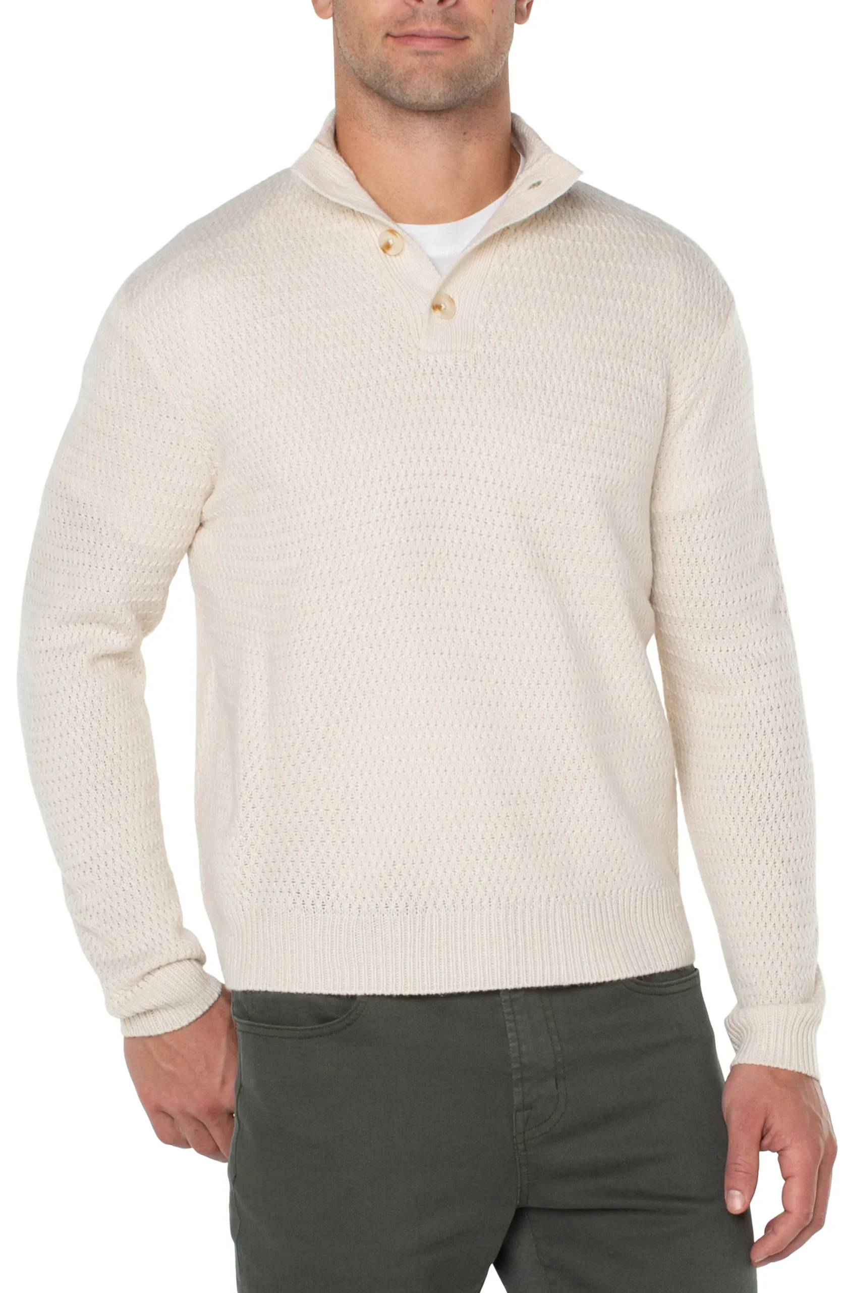 Sweaters-Liverpool Los Angeles BUTTON MOCK NECK SWEATER Cream