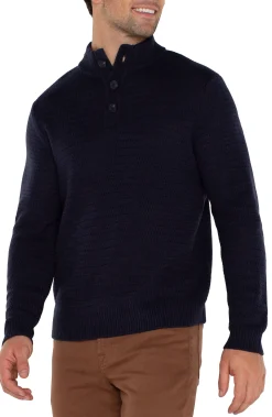Sweaters-Liverpool Los Angeles BUTTON MOCK NECK SWEATER Navy