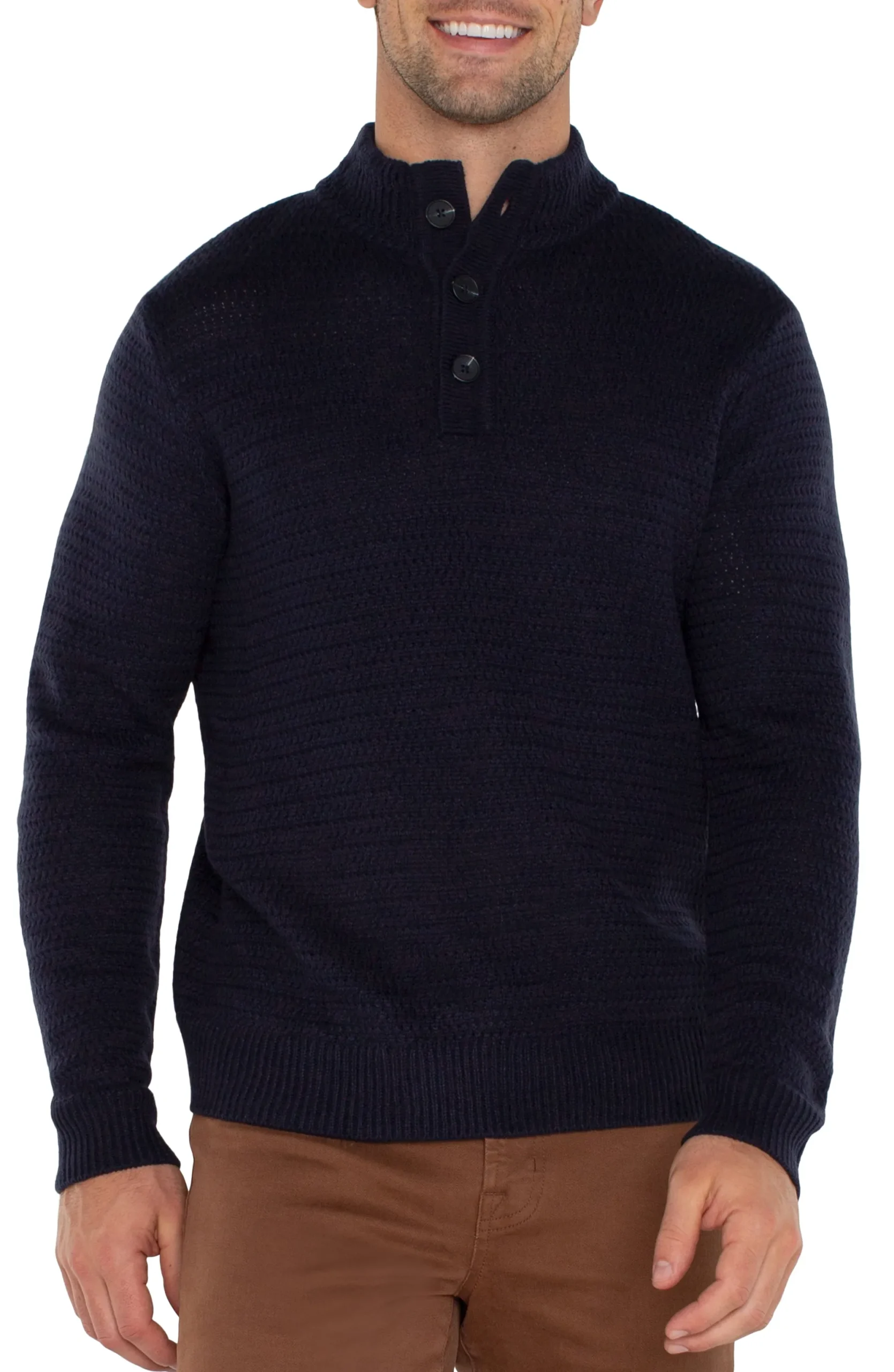 Sweaters-Liverpool Los Angeles BUTTON MOCK NECK SWEATER Navy