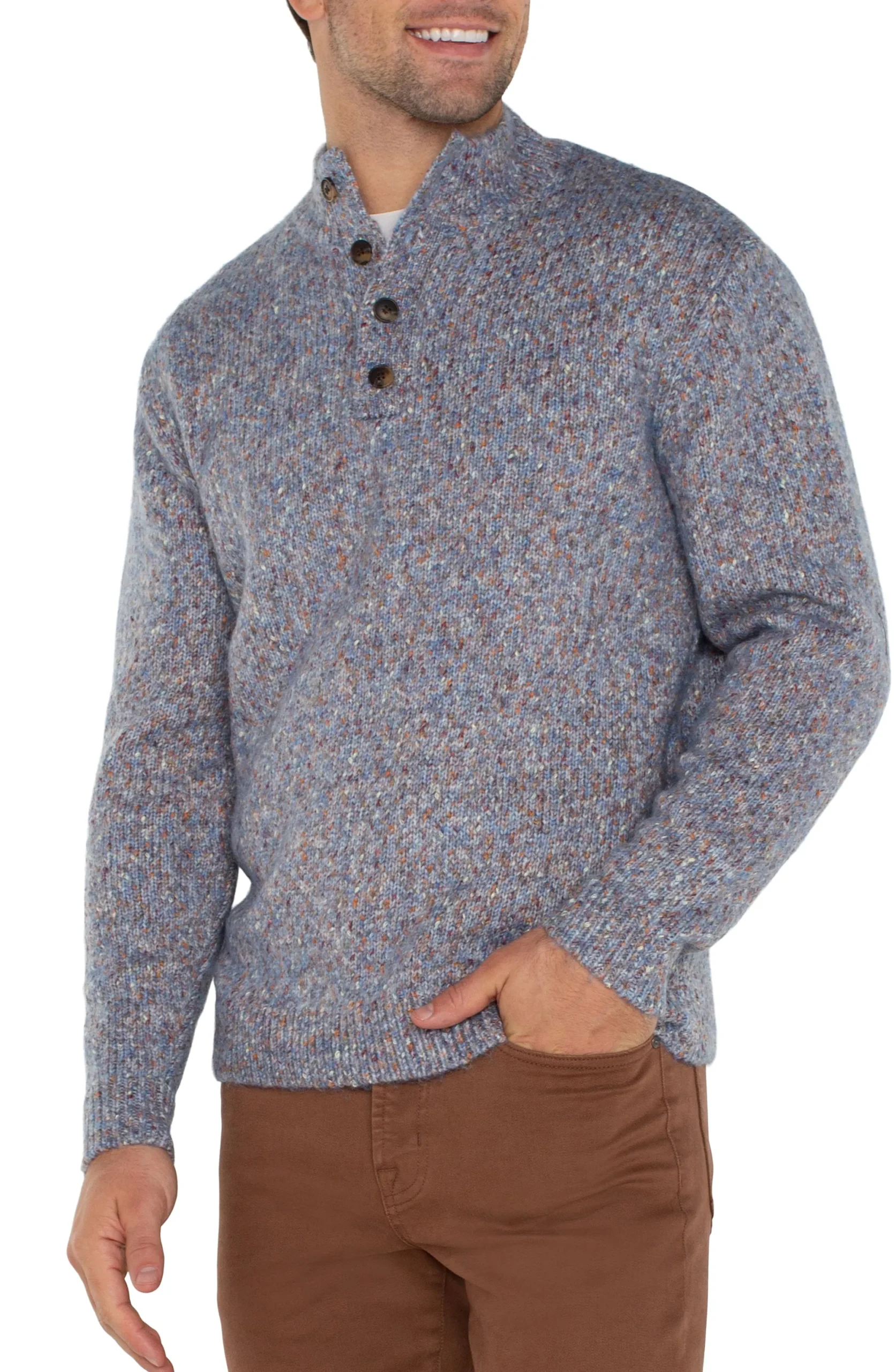 Sweaters-Liverpool Los Angeles BUTTON MOCK NECK SWEATER Lightbluemulti