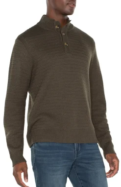 Sweaters-Liverpool Los Angeles BUTTON MOCK NECK SWEATER Olive