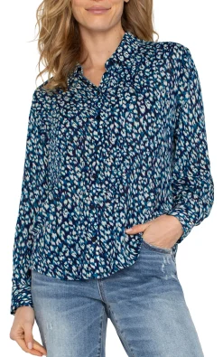 Tops-Liverpool Los Angeles BUTTON UP WOVEN BLOUSE Bluetopazanimal