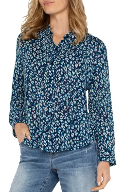 Tops-Liverpool Los Angeles BUTTON UP WOVEN BLOUSE Bluetopazanimal