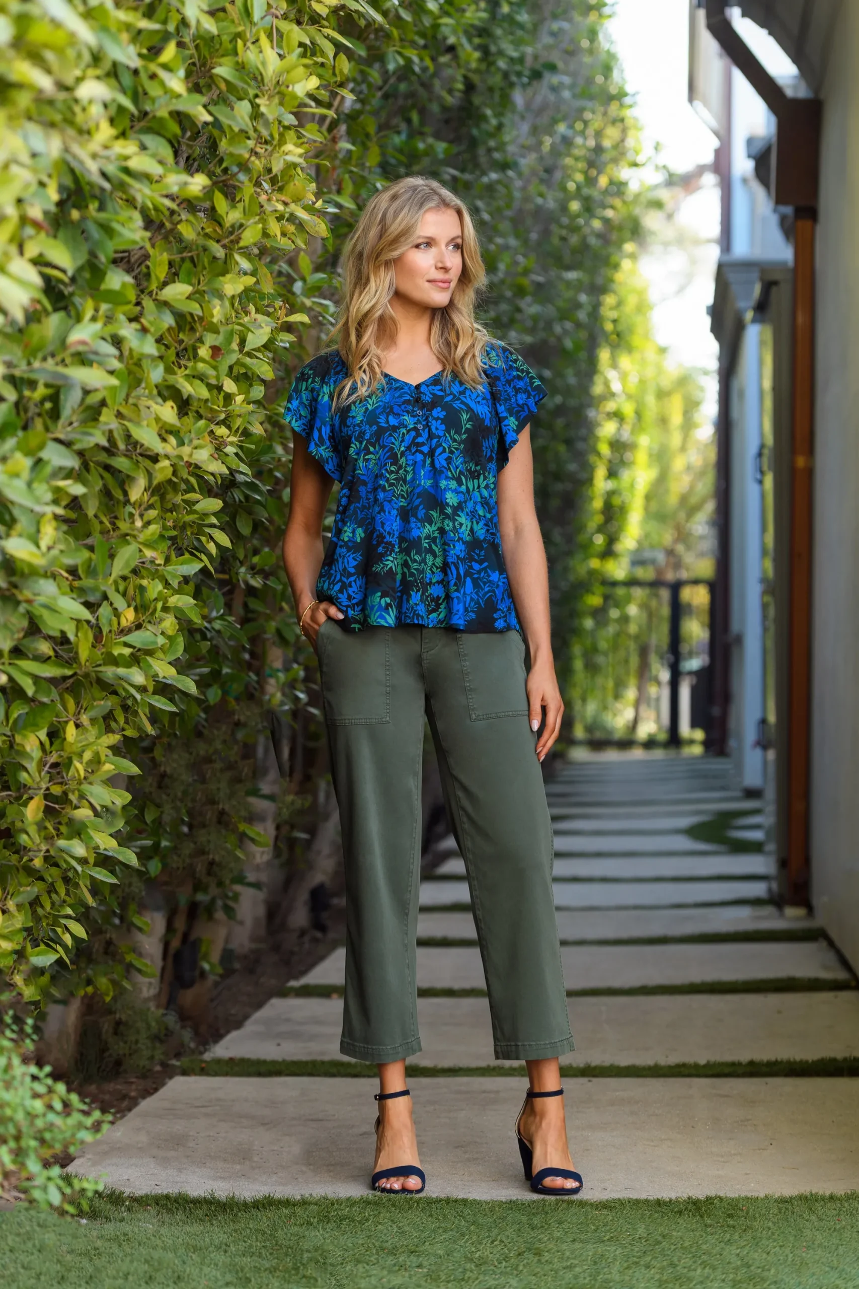 Pants|Crops-Liverpool Los Angeles CARGO WIDE LEG CROP Mossgreen