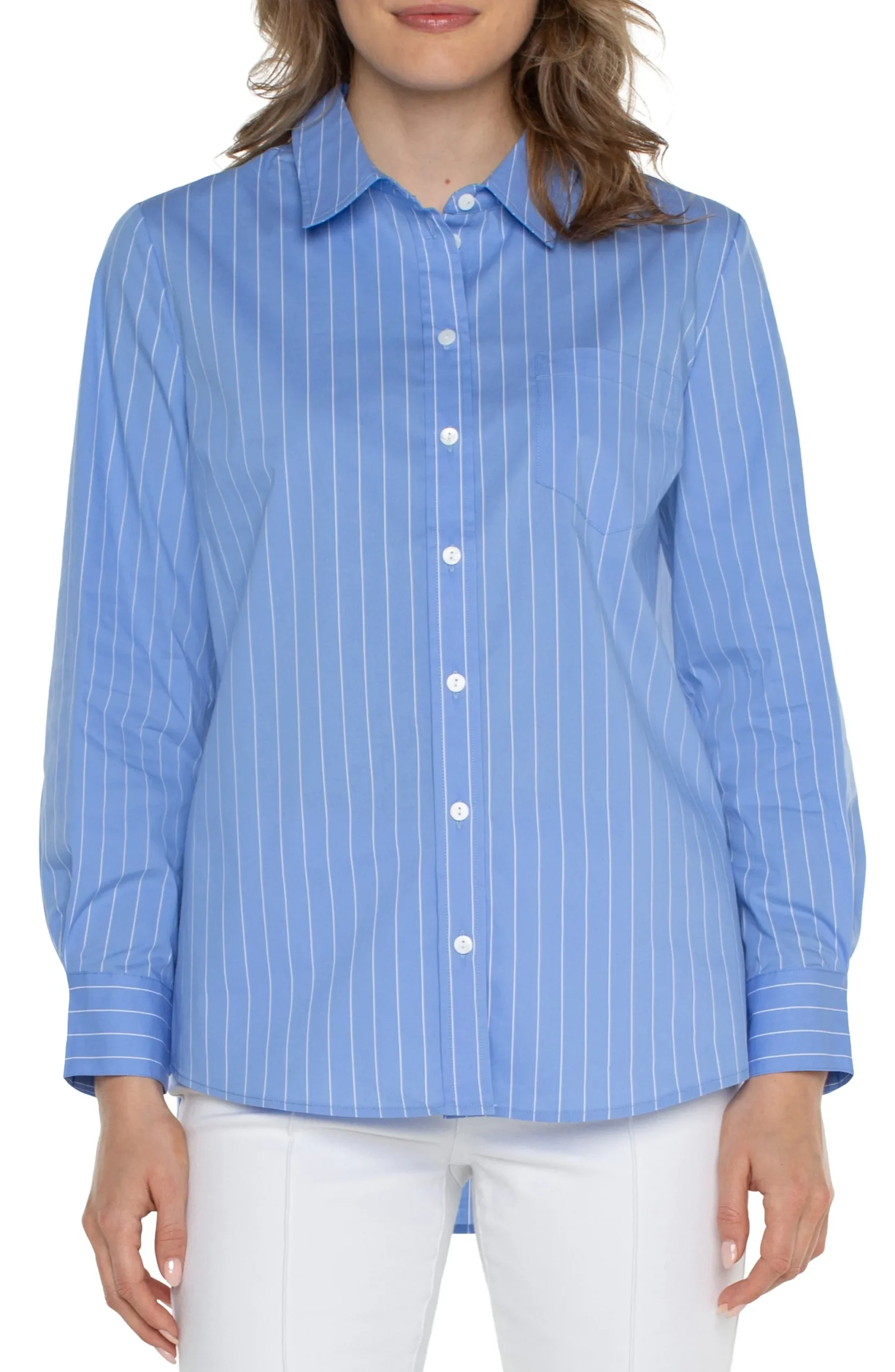 Tops-Liverpool Los Angeles CLASSIC BUTTON FRONT POPLIN SHIRT Lightbluewhitepinstripe