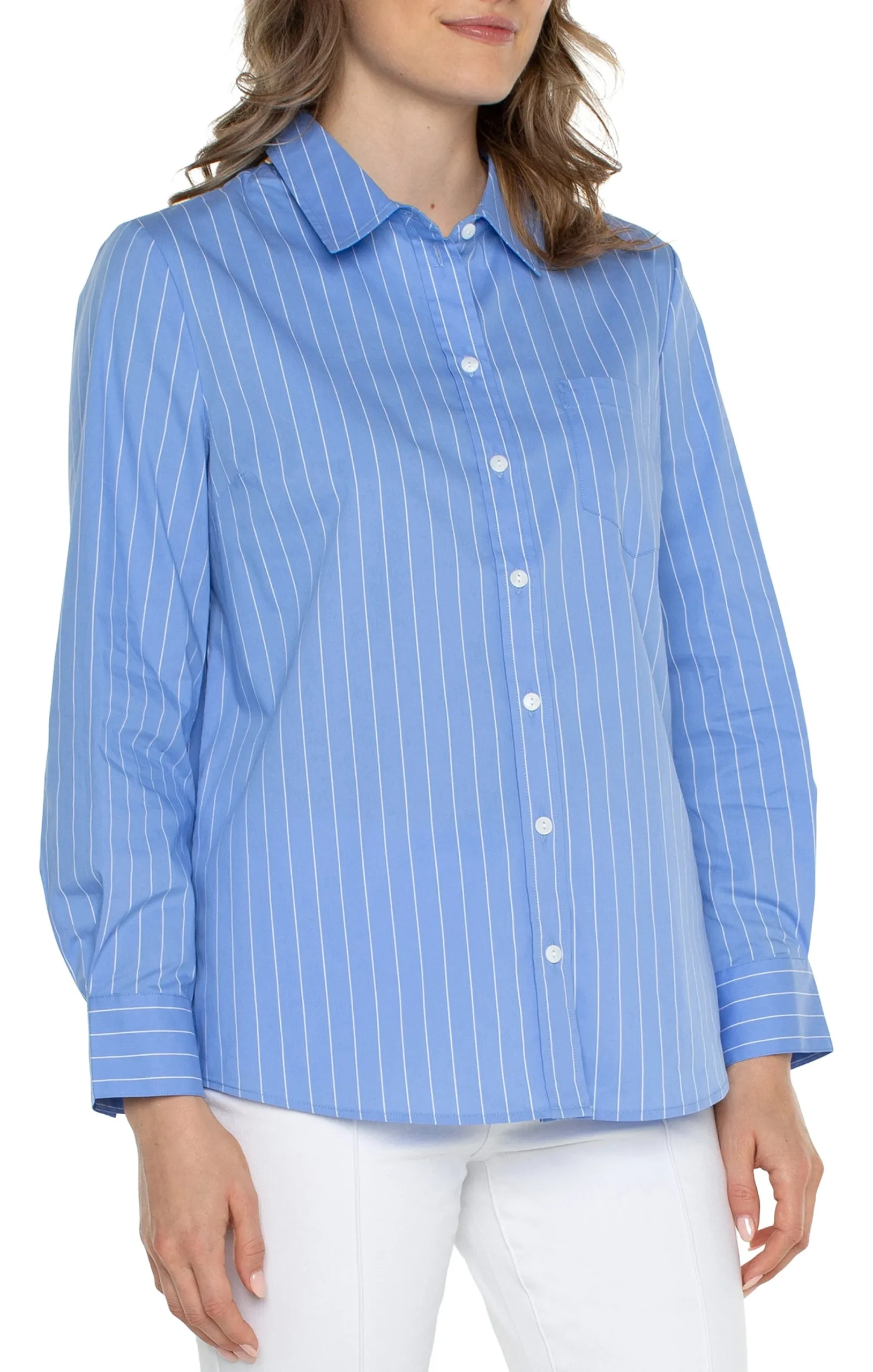 Tops-Liverpool Los Angeles CLASSIC BUTTON FRONT POPLIN SHIRT Lightbluewhitepinstripe