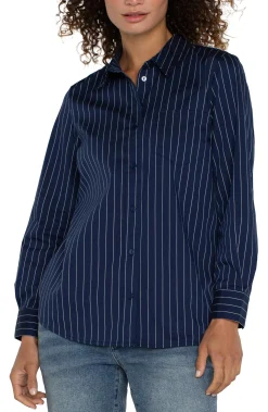 Tops-Liverpool Los Angeles CLASSIC BUTTON FRONT POPLIN SHIRT Navywhitepinstripe