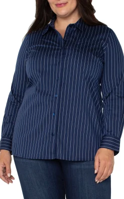 Tops-Liverpool Los Angeles CLASSIC BUTTON FRONT POPLIN SHIRT Navywhitepinstripe