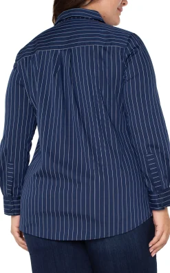 Tops-Liverpool Los Angeles CLASSIC BUTTON FRONT POPLIN SHIRT Navywhitepinstripe