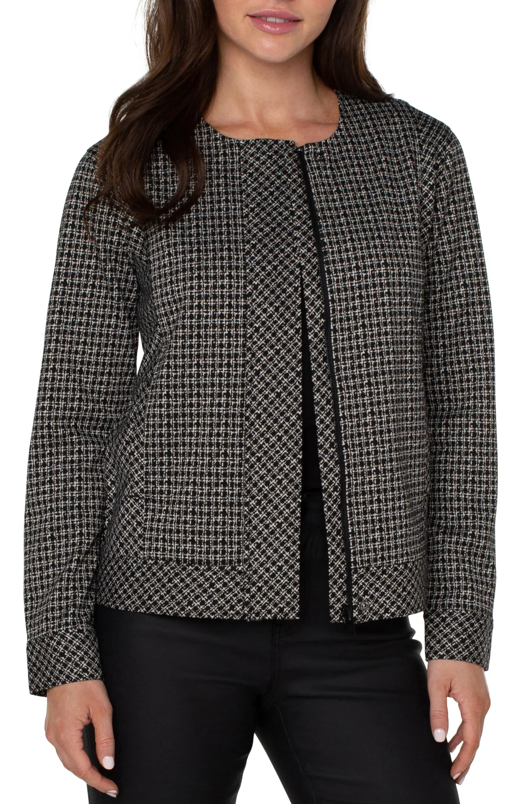 Jackets-Liverpool Los Angeles COLLARLESS ZIP UP JACKET Blacktanlatticeplaid