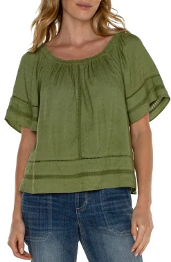 Tops-Liverpool Los Angeles CROPPED BELL SLEEVE WOVEN TOP Eucalyptus