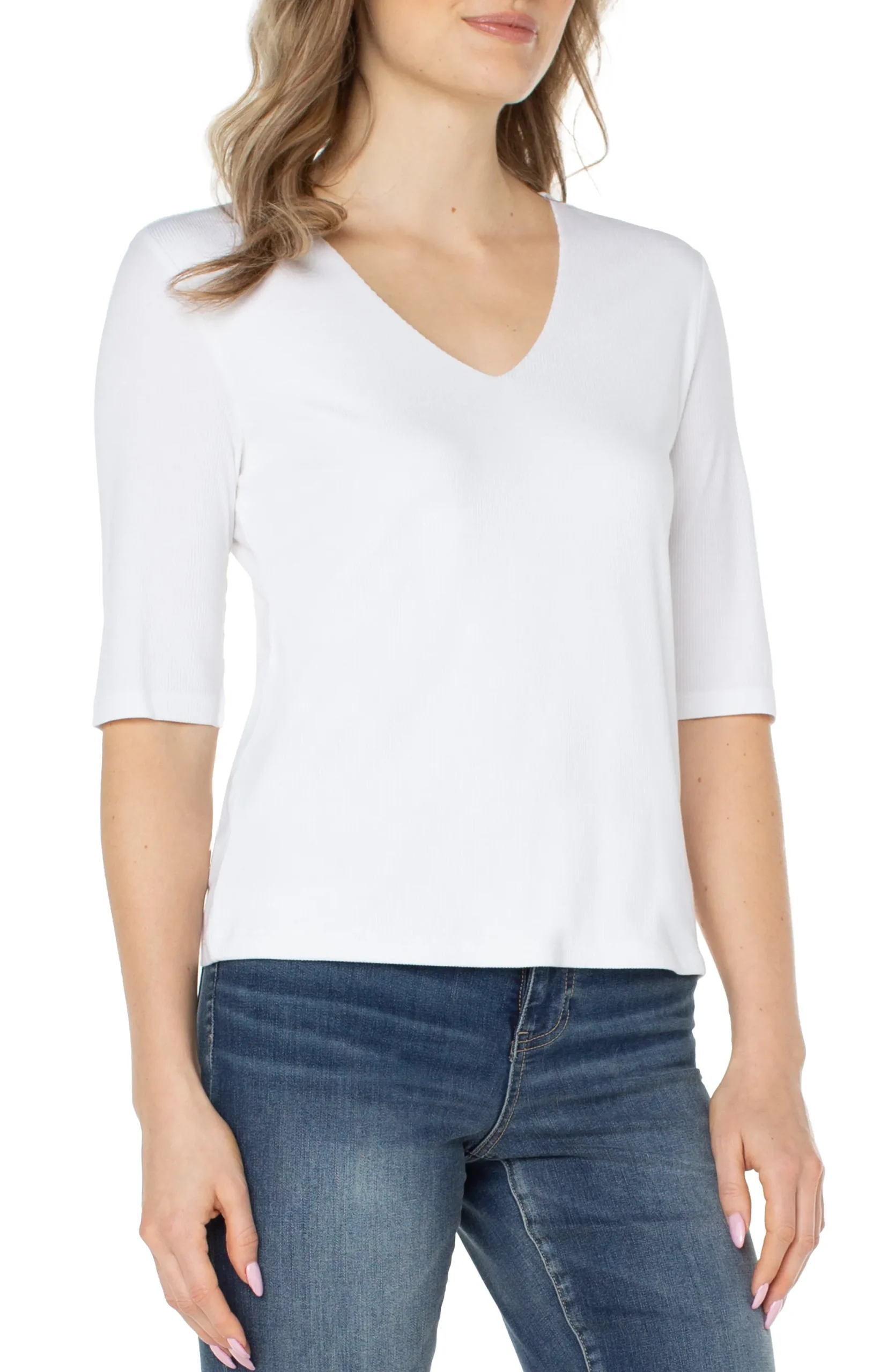 Tees-Liverpool Los Angeles DOUBLE LAYER V-NECK RIB KNIT TOP Cream
