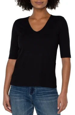 Tees-Liverpool Los Angeles DOUBLE LAYER V-NECK RIB KNIT TOP Black