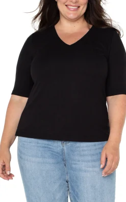 Tops-Liverpool Los Angeles DOUBLE LAYER V-NECK RIB KNIT TOP Black