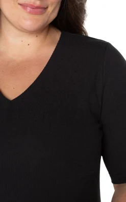 Tops-Liverpool Los Angeles DOUBLE LAYER V-NECK RIB KNIT TOP Black