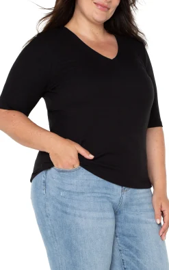 Tops-Liverpool Los Angeles DOUBLE LAYER V-NECK RIB KNIT TOP Black