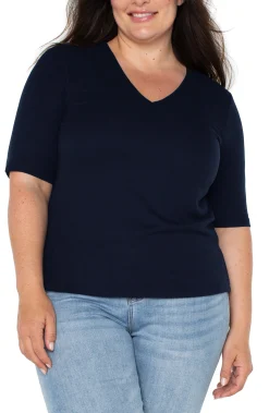 Tops-Liverpool Los Angeles DOUBLE LAYER V-NECK RIB KNIT TOP Darknavy