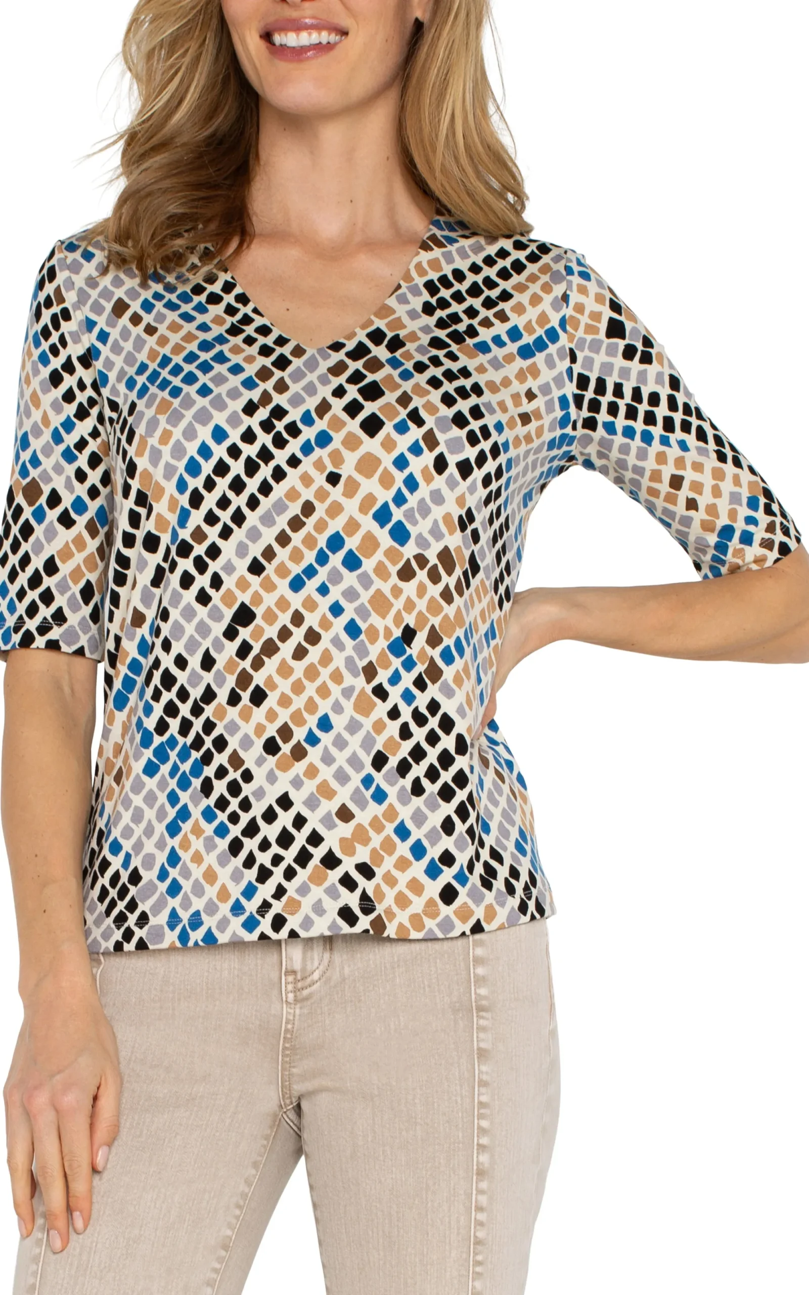 Tees|Tops-Liverpool Los Angeles DOUBLE LAYER V-NECK RIB KNIT TOP Lapissnakemulti