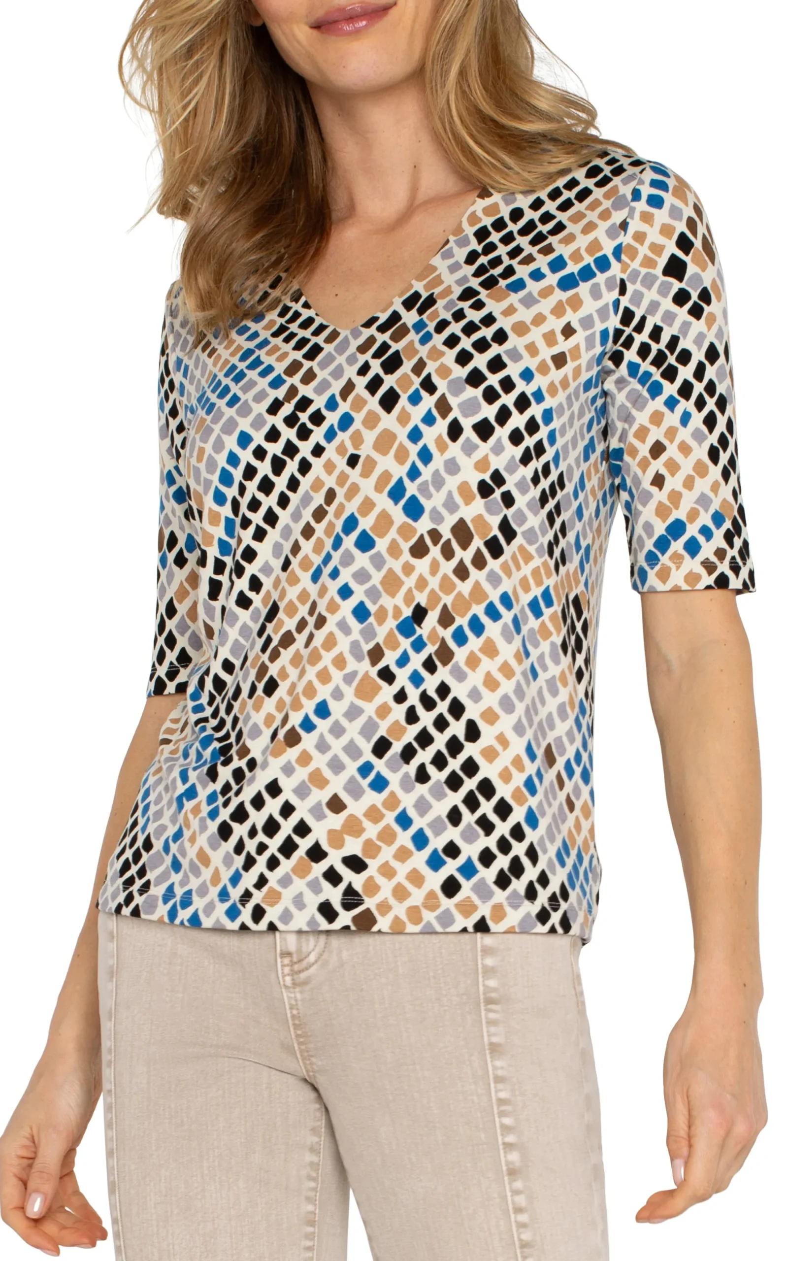 Tees|Tops-Liverpool Los Angeles DOUBLE LAYER V-NECK RIB KNIT TOP Lapissnakemulti