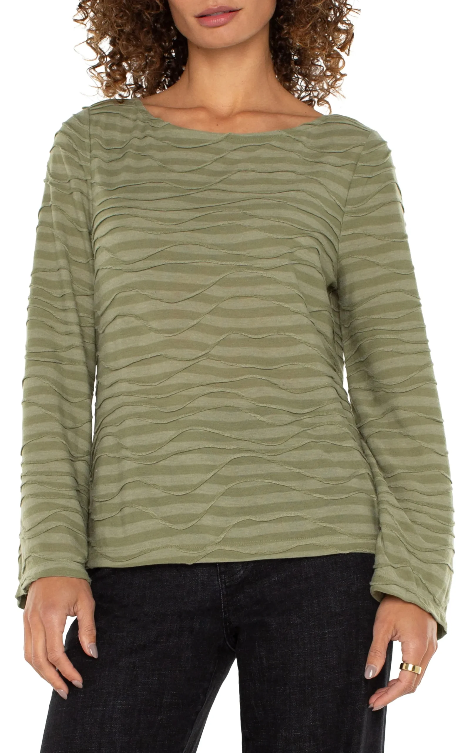 Tees-Liverpool Los Angeles FLARED SLEEVE BOAT NECK KNIT TOP Spanisholivestripe