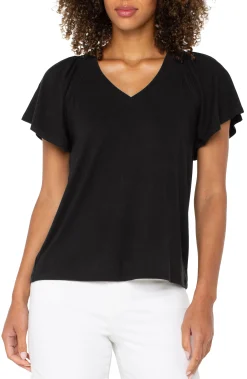 Tees-Liverpool Los Angeles FLUTTER SLEEVE KNIT TOP Black