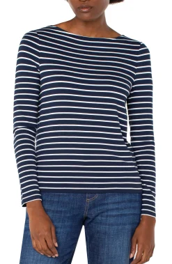 Sweaters|Tees-Liverpool Los Angeles LONG SLEEVE BOATNECK KNIT TOP Darknavywhitestripe
