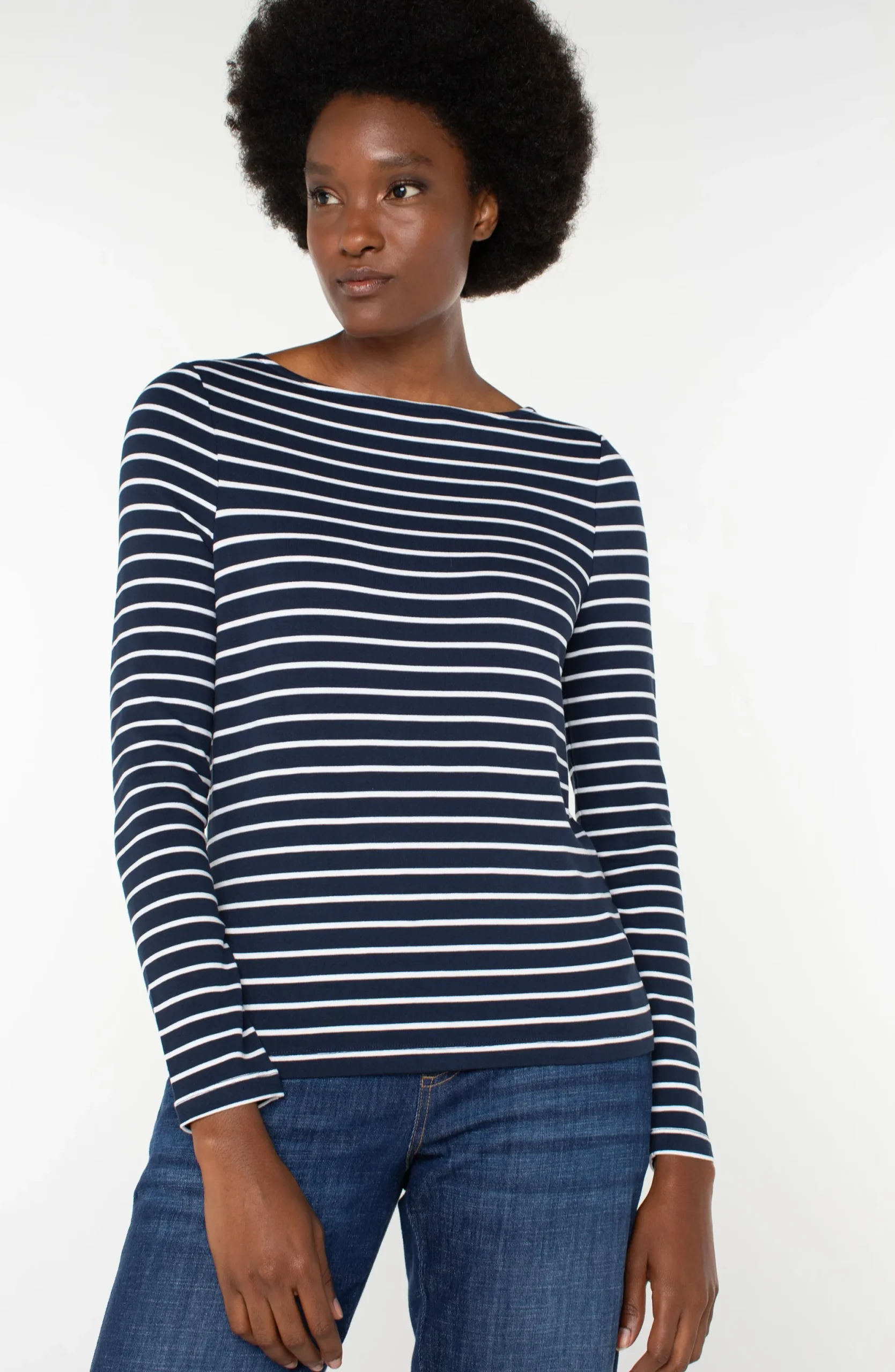 Sweaters|Tees-Liverpool Los Angeles LONG SLEEVE BOATNECK KNIT TOP Darknavywhitestripe