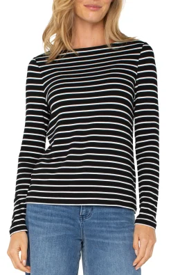 Tees-Liverpool Los Angeles LONG SLEEVE BOATNECK KNIT TOP Blackwhitestripe